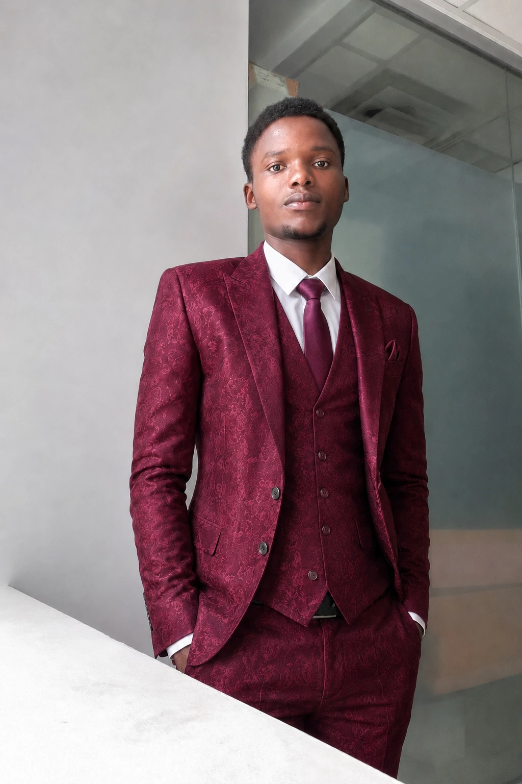 Edou Jay en costume bordeaux, portrait professionnel