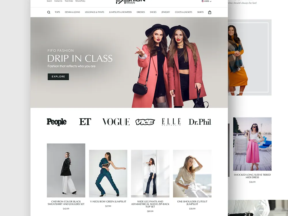 Interface e-commerce d’une boutique de mode féminine