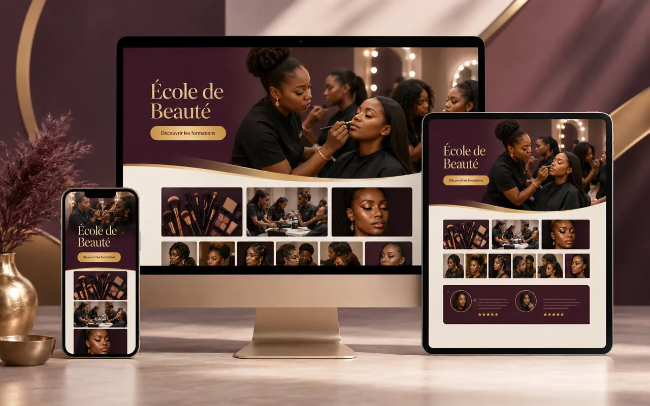 Aperçu du site web de Nicka École de Maquillage et de Cosmétologie Moderne affiché sur écran, tablette et téléphone