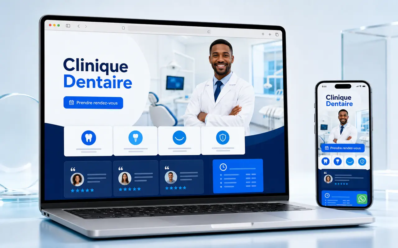 Aperçu du site web de la Clinique Dr Joseph W affiché sur ordinateur portable et téléphone