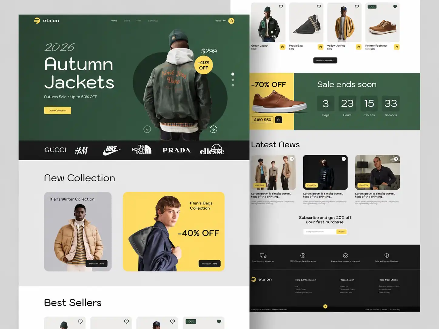 Interface e-commerce d’une boutique streetwear, présentée sur plusieurs sections