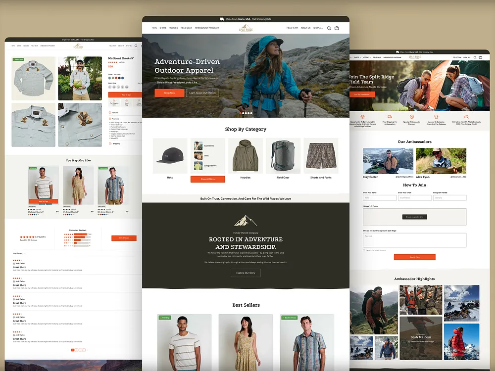 Interface e-commerce de vêtements de plein air, présentée sur plusieurs pages